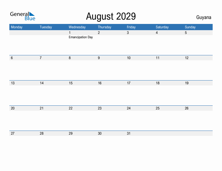 Fillable August 2029 Calendar