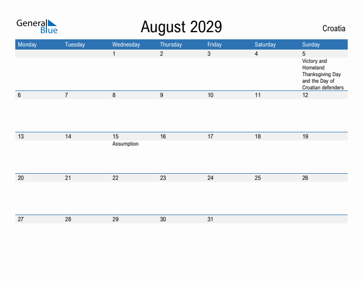 Fillable August 2029 Calendar