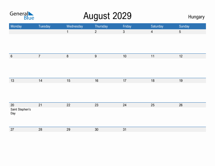 Fillable August 2029 Calendar