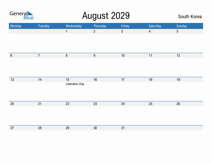 Fillable August 2029 Calendar