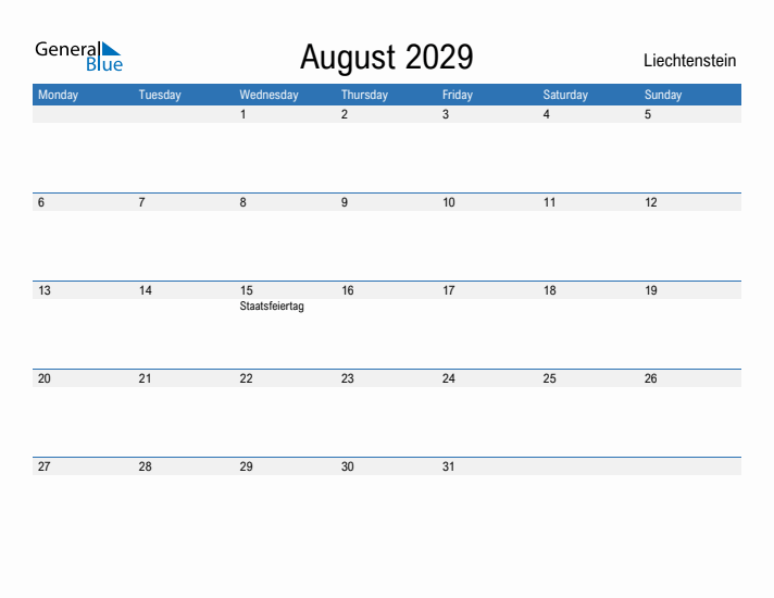 Fillable August 2029 Calendar