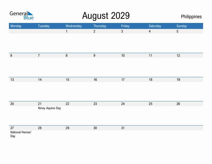 Fillable August 2029 Calendar