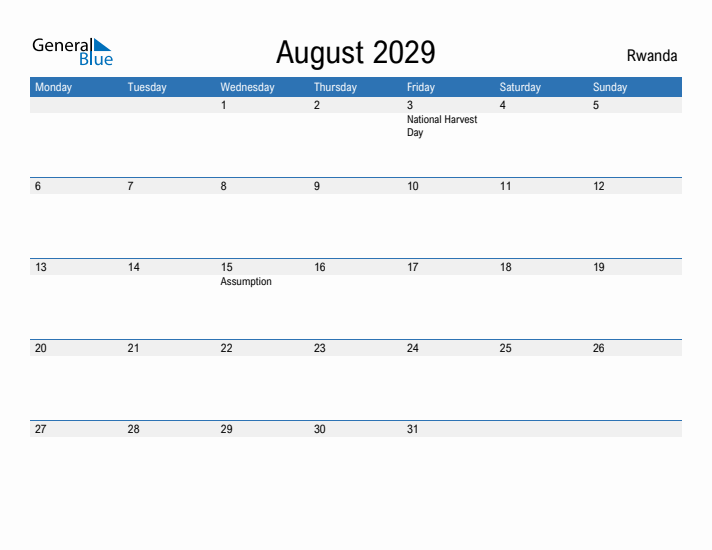 Fillable August 2029 Calendar