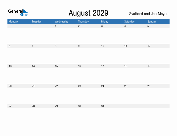 Fillable August 2029 Calendar