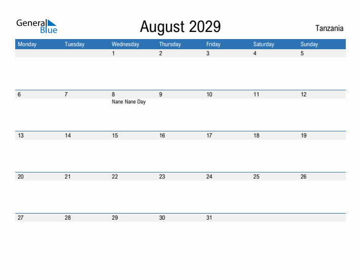 Fillable August 2029 Calendar