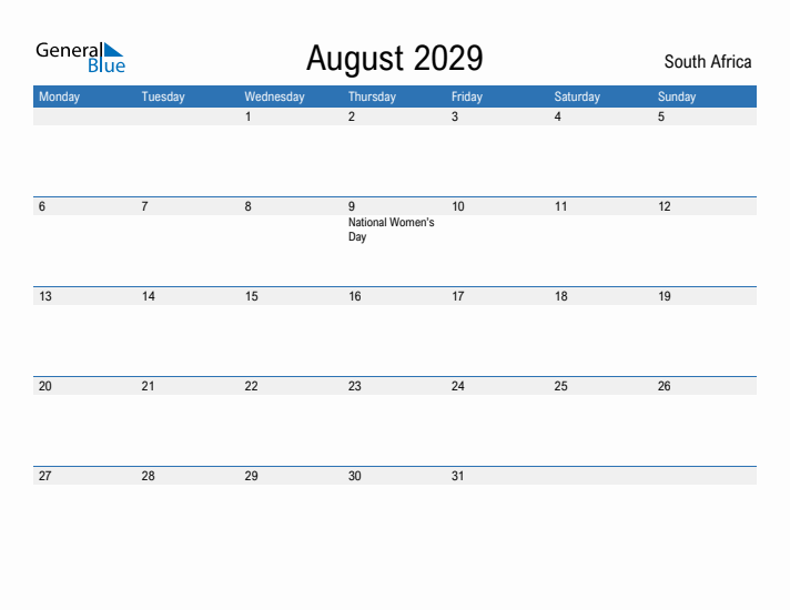 Fillable August 2029 Calendar