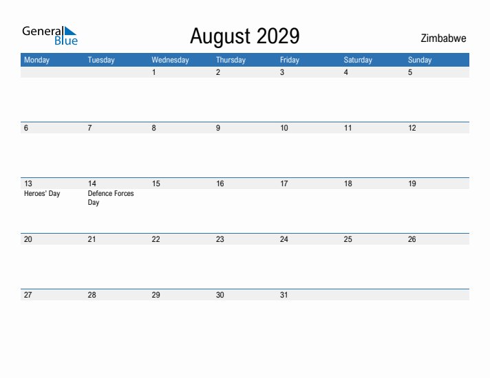 Fillable August 2029 Calendar