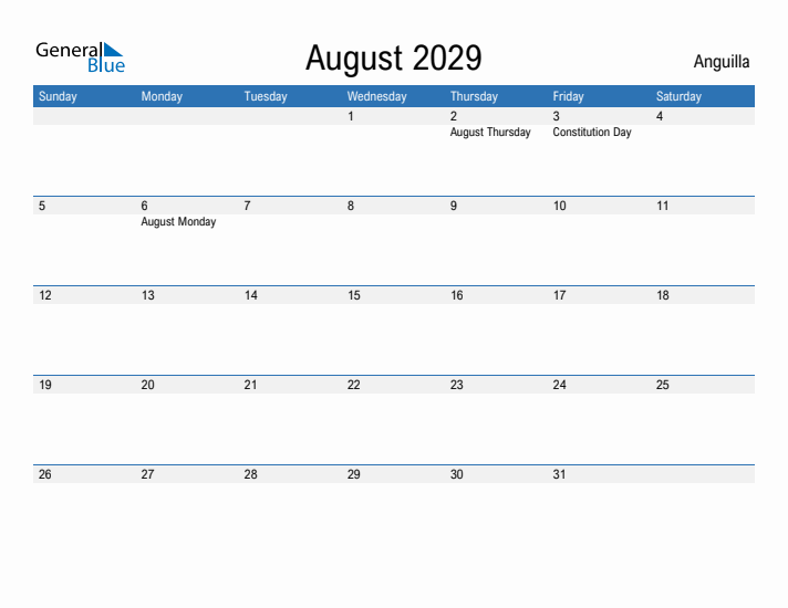 Fillable August 2029 Calendar