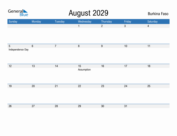 Fillable August 2029 Calendar