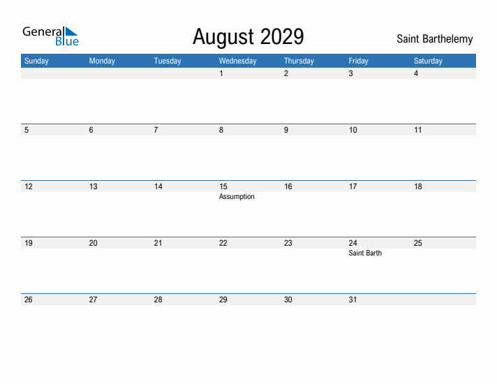 Fillable August 2029 Calendar