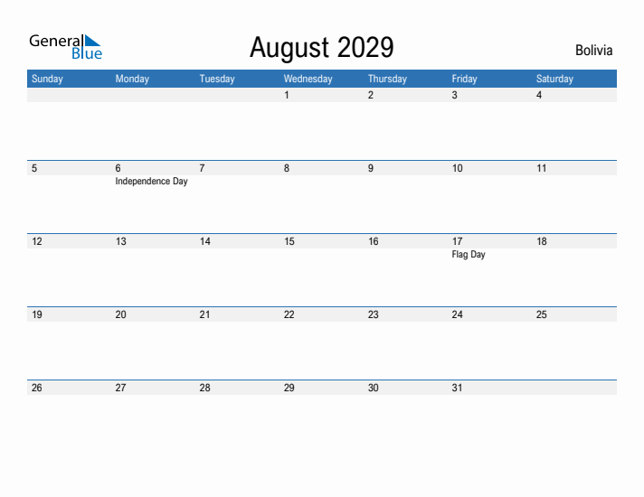 Fillable August 2029 Calendar