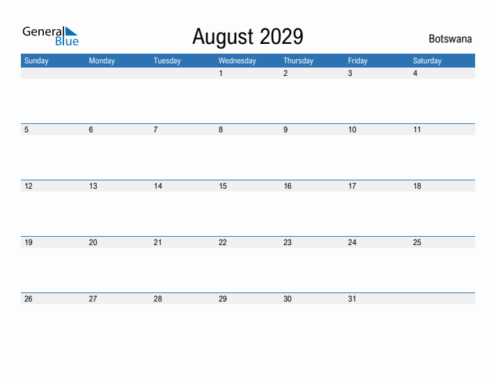 Fillable August 2029 Calendar