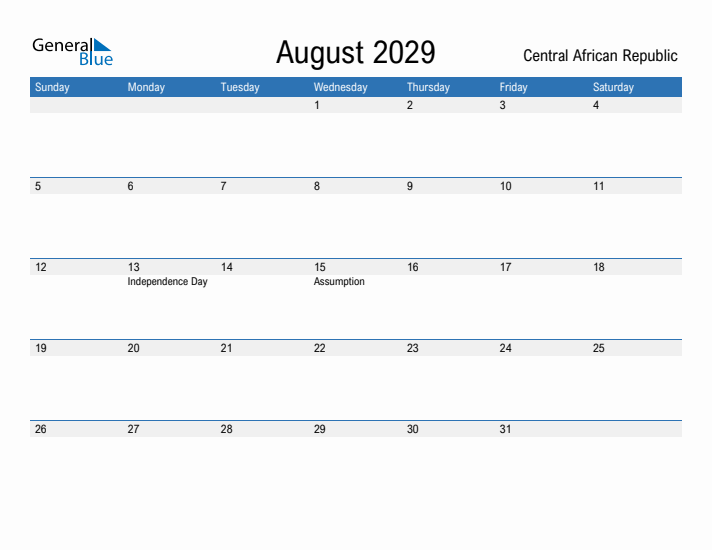 Fillable August 2029 Calendar