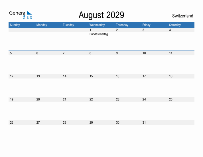 Fillable August 2029 Calendar