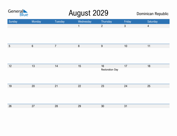 Fillable August 2029 Calendar