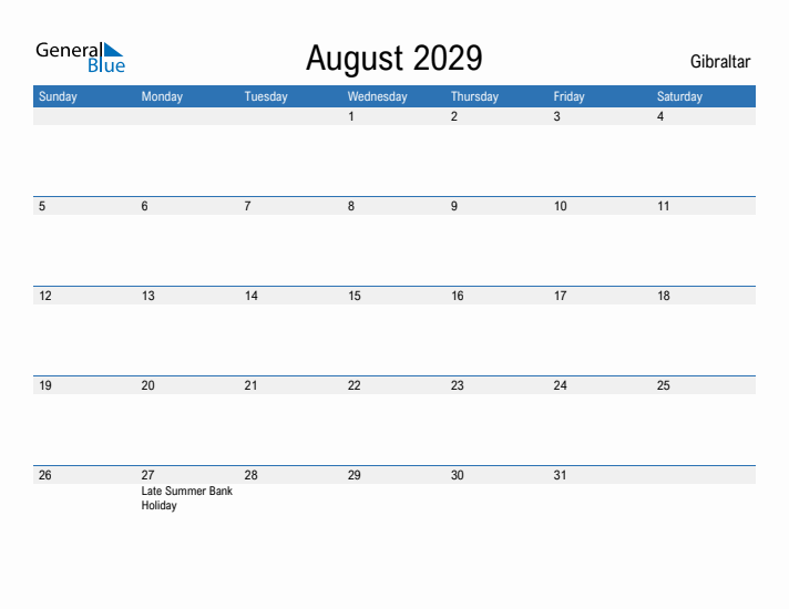 Fillable August 2029 Calendar