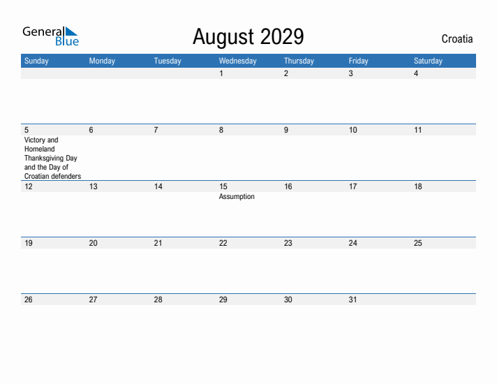 Fillable August 2029 Calendar