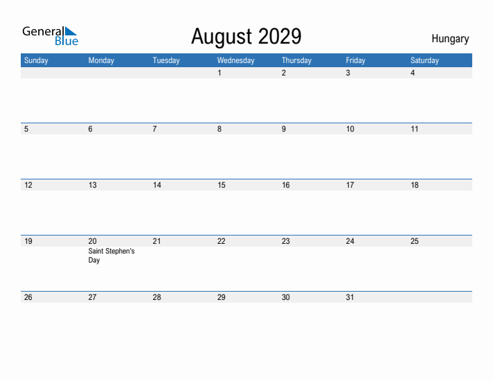 Fillable August 2029 Calendar