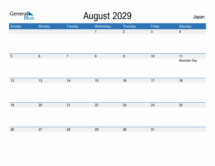 Fillable August 2029 Calendar