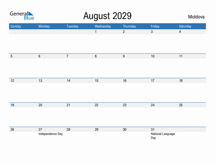 Fillable August 2029 Calendar