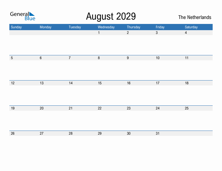 Fillable August 2029 Calendar