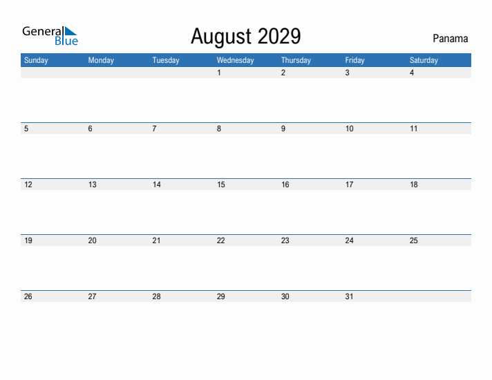 Fillable August 2029 Calendar