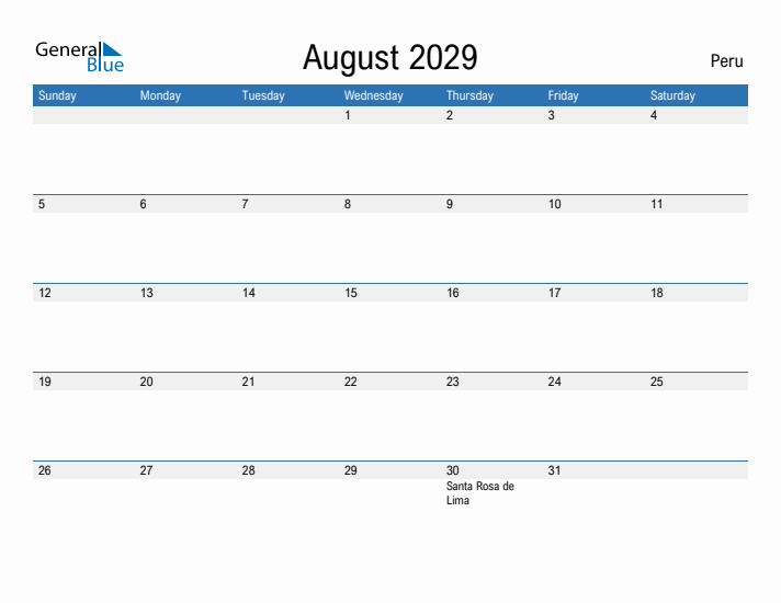 Fillable August 2029 Calendar