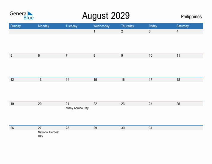 Fillable August 2029 Calendar