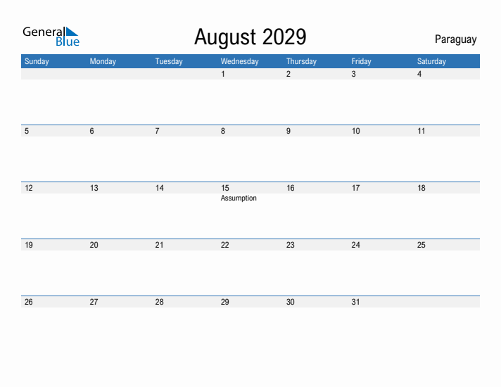 Fillable August 2029 Calendar