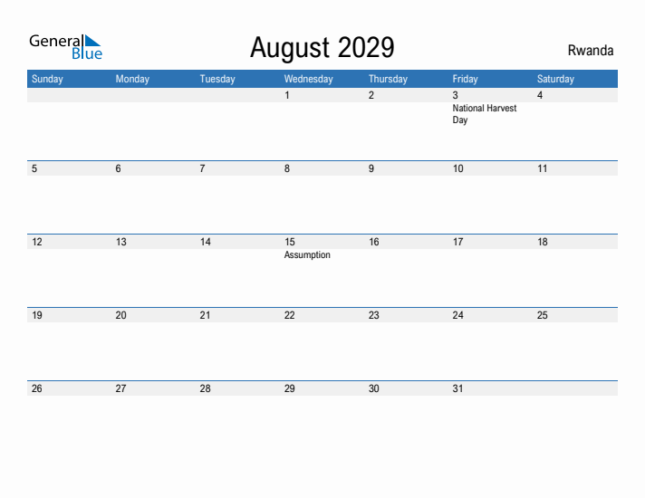 Fillable August 2029 Calendar