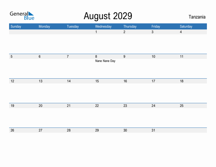 Fillable August 2029 Calendar