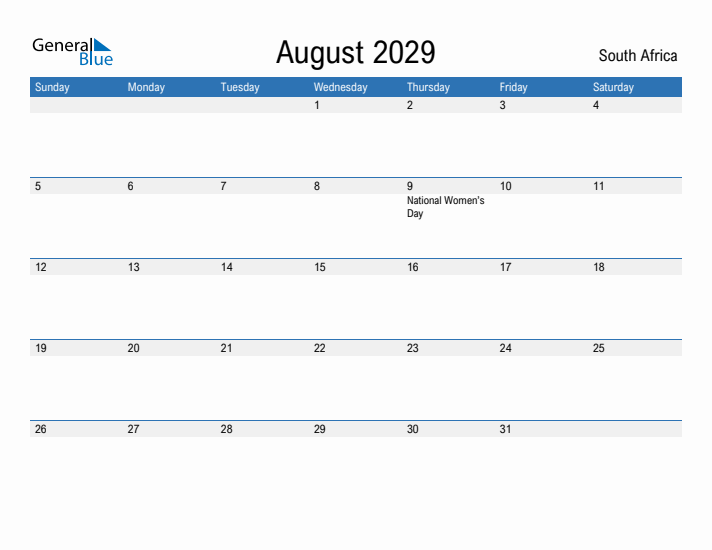 Fillable August 2029 Calendar