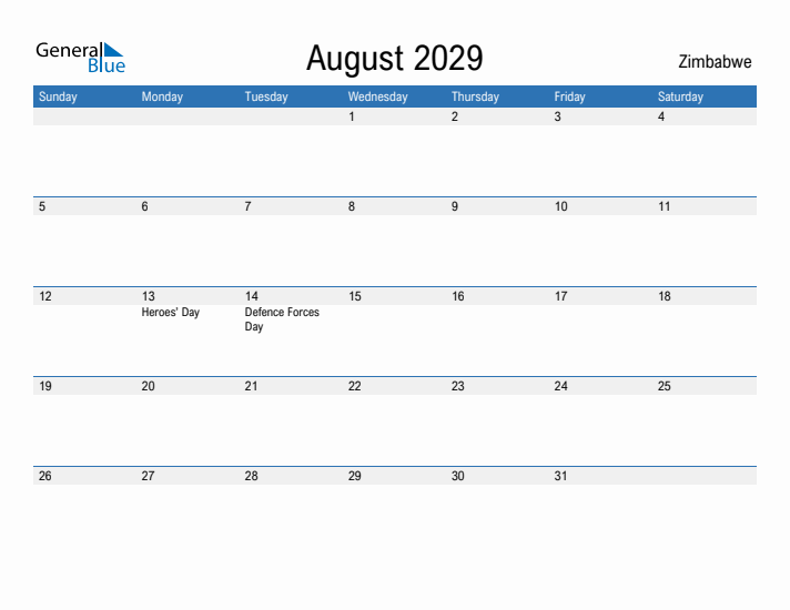 Fillable August 2029 Calendar