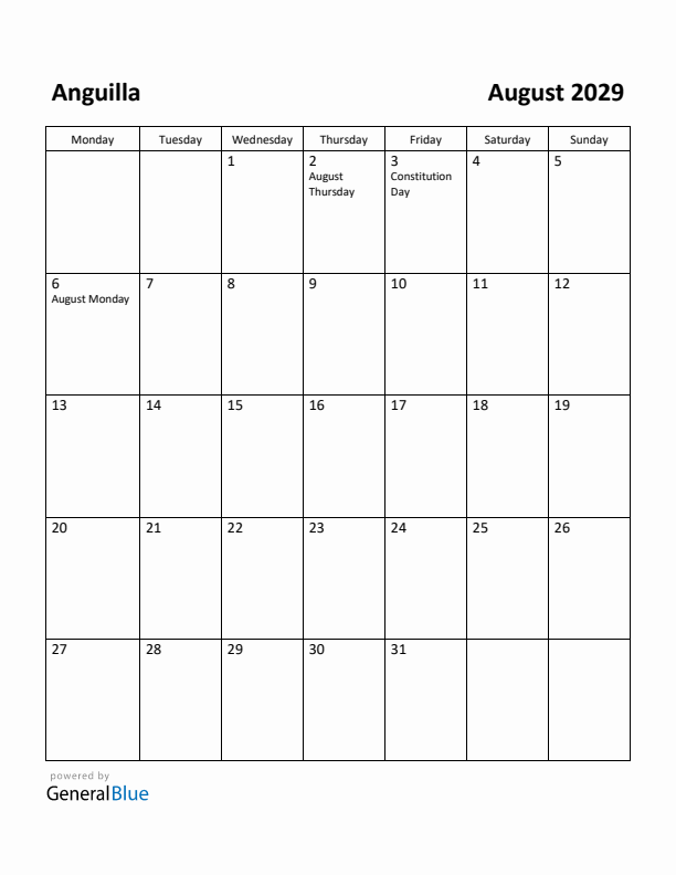 August 2029 Calendar with Anguilla Holidays