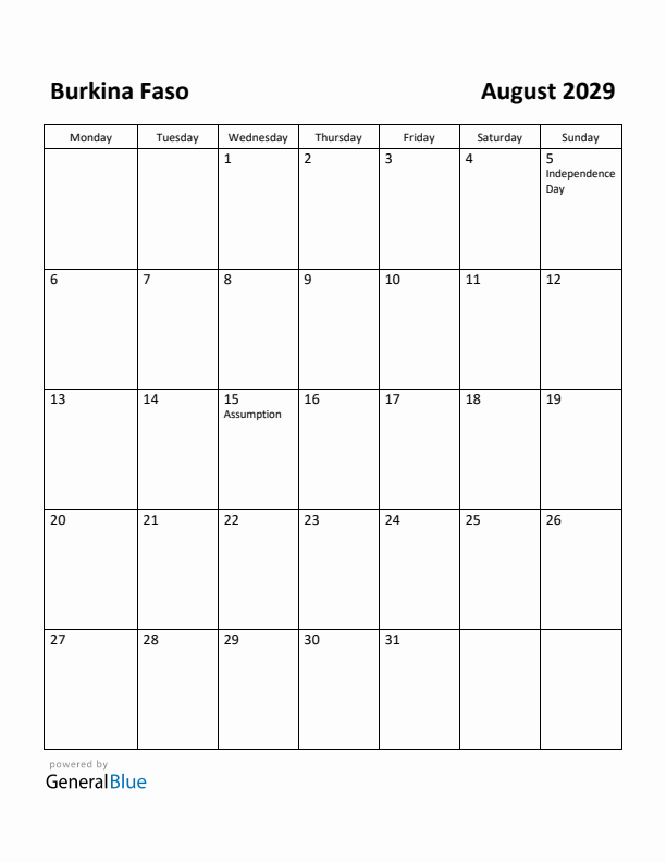 August 2029 Calendar with Burkina Faso Holidays