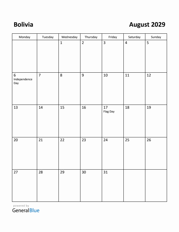 August 2029 Calendar with Bolivia Holidays