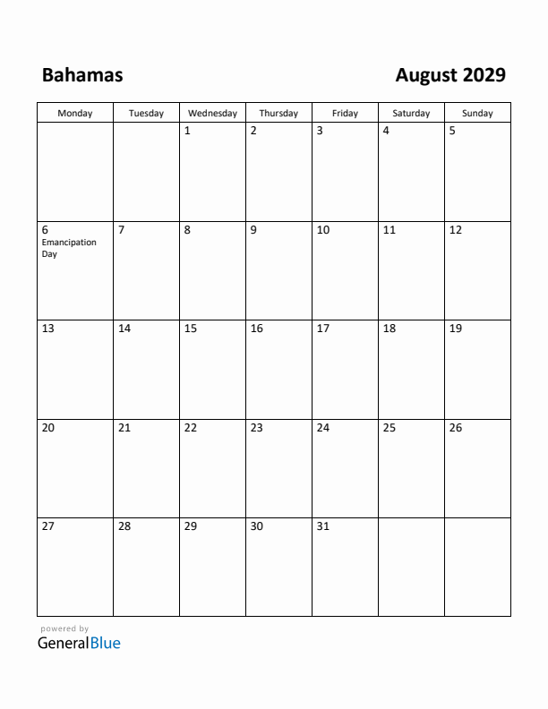 August 2029 Calendar with Bahamas Holidays