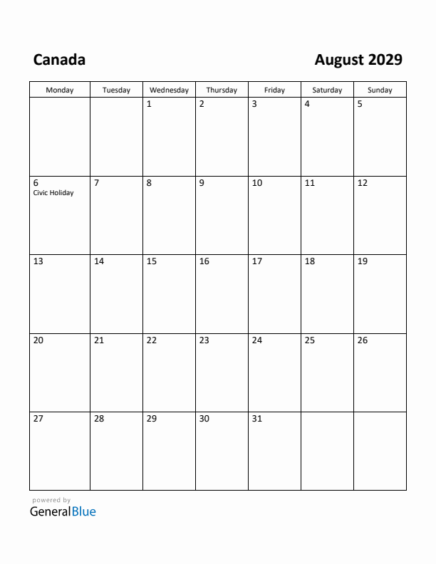 August 2029 Calendar with Canada Holidays