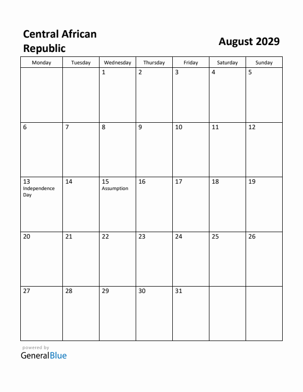 August 2029 Calendar with Central African Republic Holidays