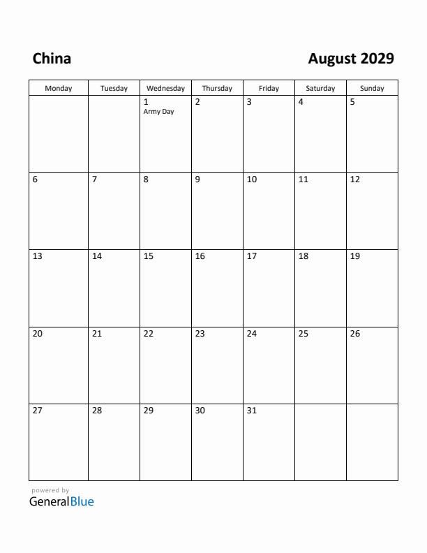 August 2029 Calendar with China Holidays