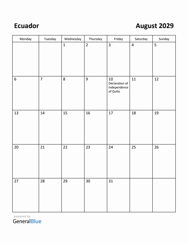 August 2029 Calendar with Ecuador Holidays