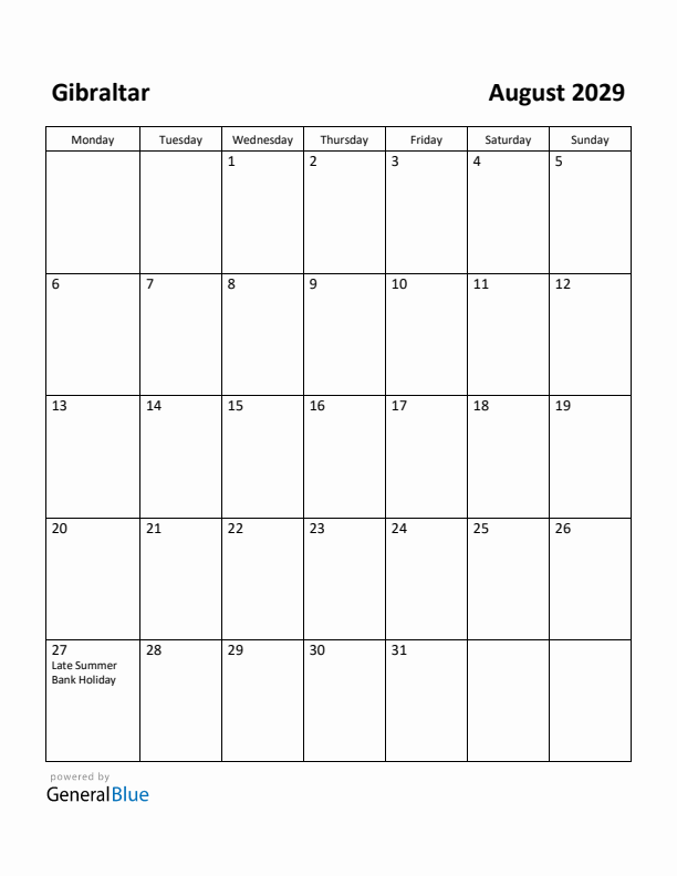 August 2029 Calendar with Gibraltar Holidays