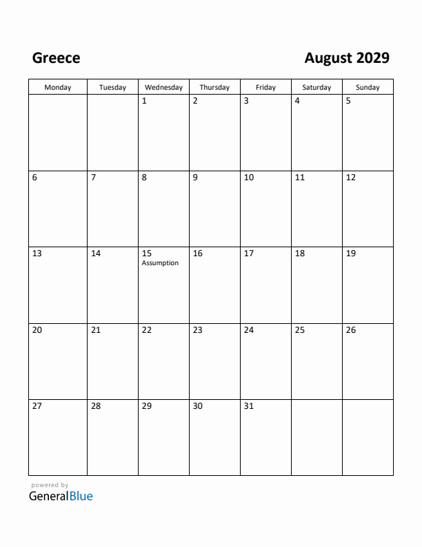 August 2029 Calendar with Greece Holidays