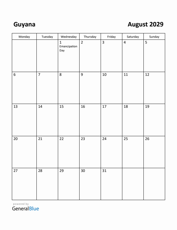 August 2029 Calendar with Guyana Holidays