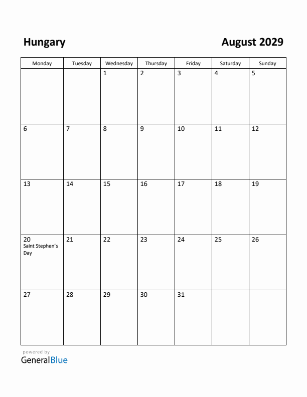 August 2029 Calendar with Hungary Holidays