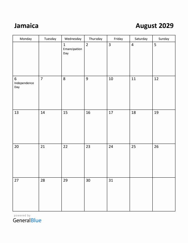 August 2029 Calendar with Jamaica Holidays