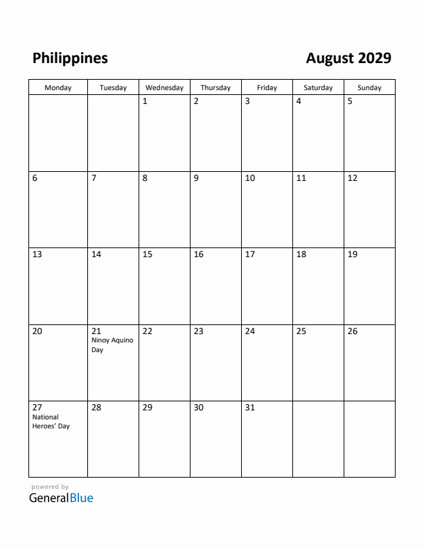 August 2029 Calendar with Philippines Holidays