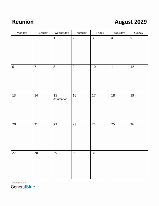 August 2029 Calendar with Reunion Holidays