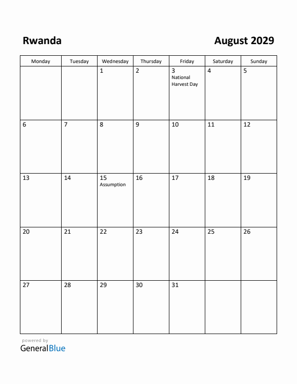 August 2029 Calendar with Rwanda Holidays