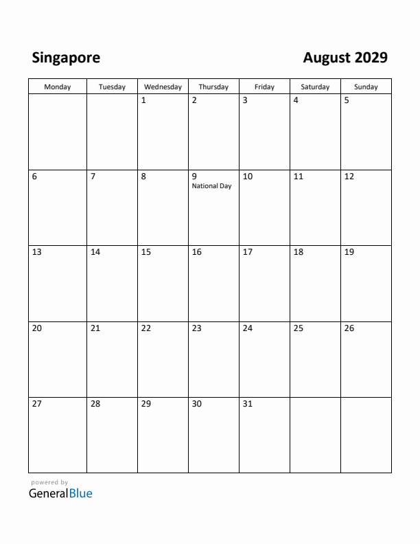 August 2029 Calendar with Singapore Holidays